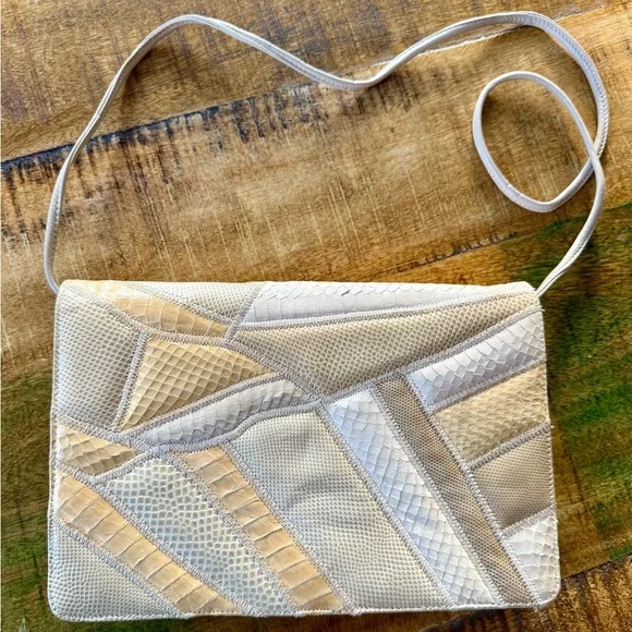 🐍 Vintage Varon Snakeskin Leather Beige and yellow Patchwork Women's Bag - Picture 3 of 14